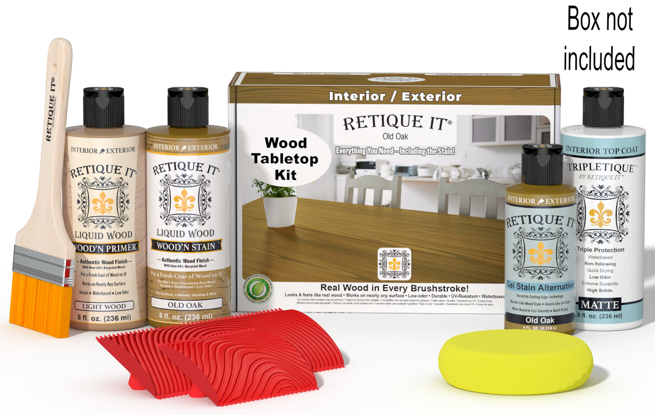 Retique It® Old Oak Wood Tabletop Kit with Light Wood primer, Old Oak stain, Old Oak gel stain alternative, Matte Tripletique® Top Coat, brush, red graining tool, yellow sponge, and product box.