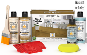 Retique It® Old Oak Wood Tabletop Kit with Light Wood primer, Old Oak stain, Old Oak gel stain alternative, Matte Tripletique® Top Coat, brush, red graining tool, yellow sponge, and product box.