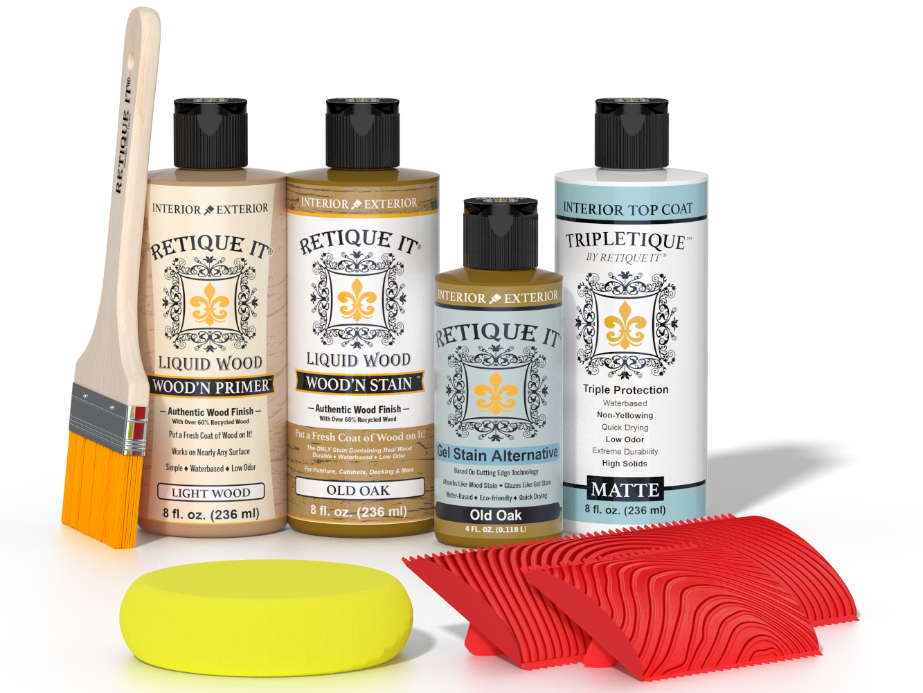 Retique It® Old Oak Wood'n Kit with Light Wood primer, Old Oak stain, Old Oak gel stain alternative, Matte Tripletique® Top Coat, brush, red graining tool, and yellow sponge.