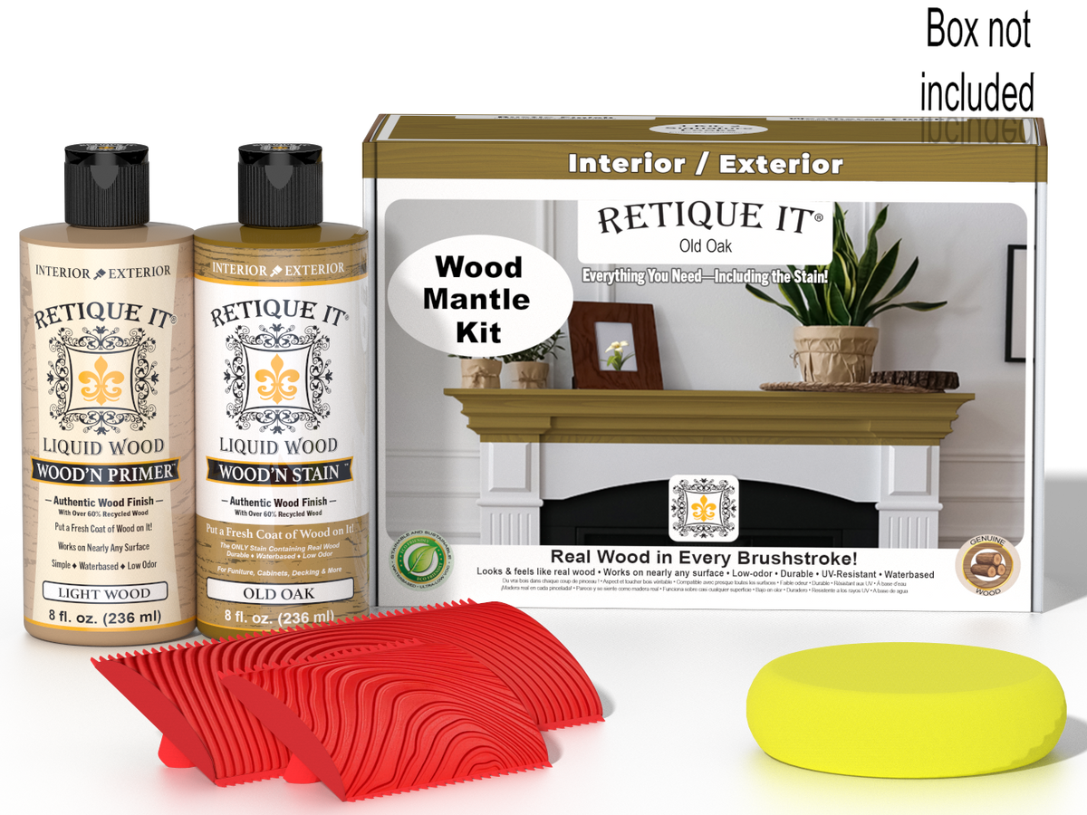 Retique It® Fireplace Mantel Wood'n Finish Kit in Old Oak stain, showing the stain application on a wooden mantel.