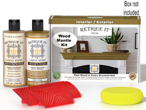 Retique It® Fireplace Mantel Wood'n Finish Kit in Old Oak stain, showing the stain application on a wooden mantel.