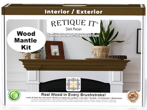 Retique It® Fireplace Mantel Wood'n Finish Kit in Dark Pecan stain, showcasing the wood finish and detailed front view of the kit.