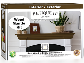 Retique It® Dark Pecan wood finish kit for fireplace mantels, showing stain bottles and application tools on a workspace.