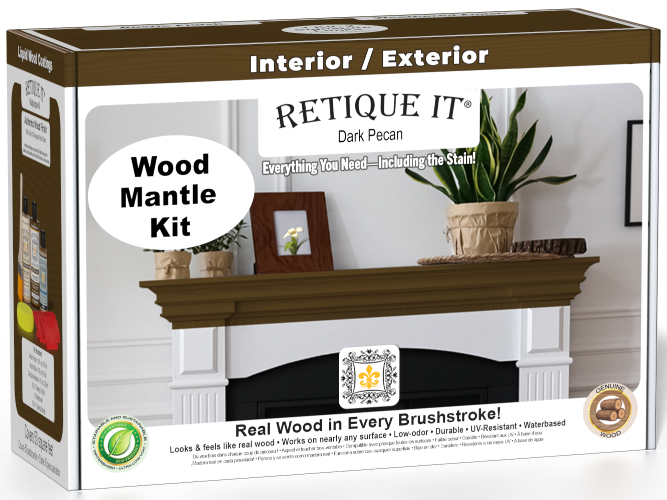 Retique It® Fireplace Mantel Wood'n Finish Kit in Dark Pecan stain, showing the wood finish application on a mantel piece.