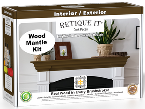 Retique It® Fireplace Mantel Wood'n Finish Kit in Dark Pecan stain, showing the wood finish application on a mantel piece.