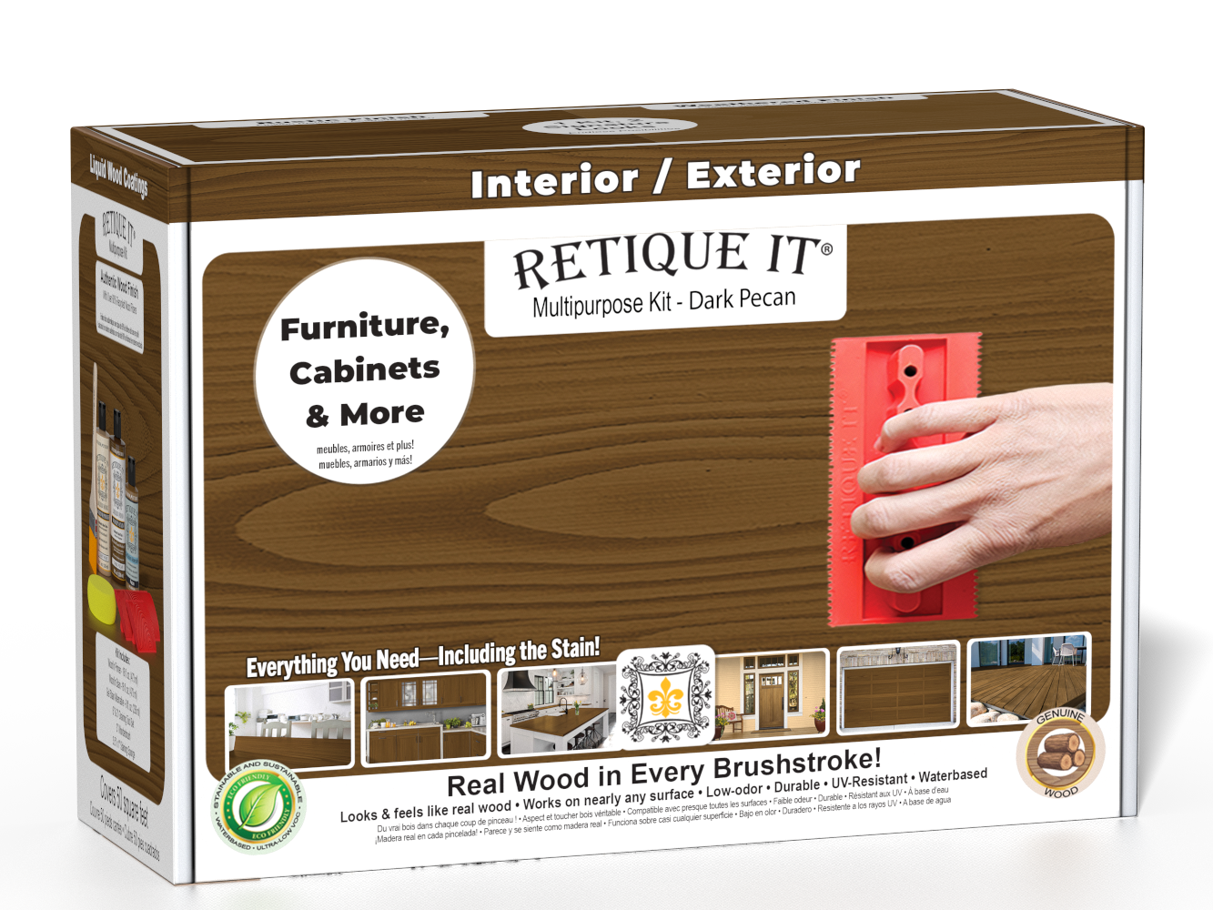 Retique It® Wood'n Finish Kit in Dark Pecan with multiple wood finishing tools and supplies for furniture restoration.
