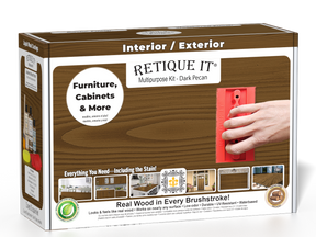 Retique It® Wood'n Finish Kit in Dark Pecan with multiple wood finishing tools and supplies for furniture restoration.