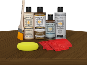 Retique ItÂ® Wood'n Finish Kit in Dark Pecan, exterior top coat, displayed on table with wood sample for multi-purpose wood finishing.