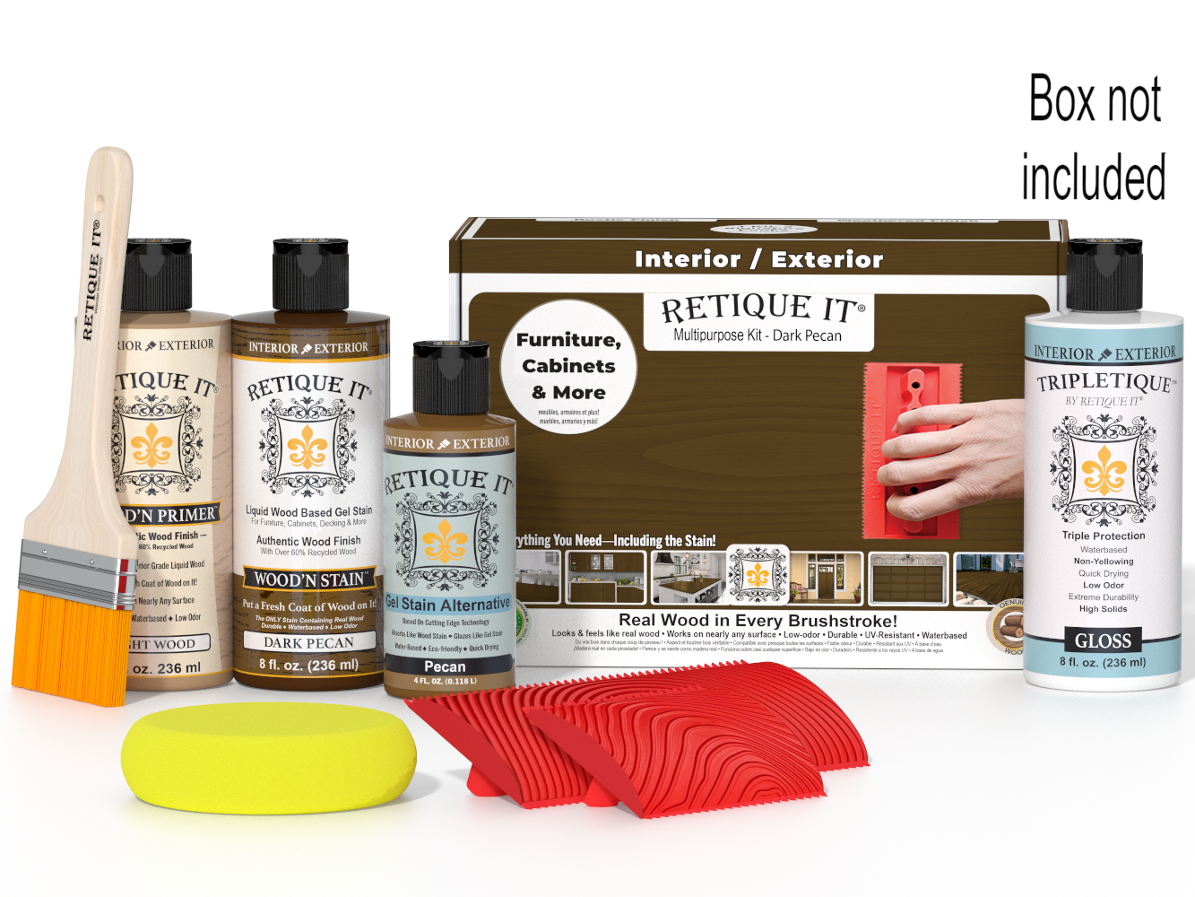 Retique It® Wood'n Kit in Dark Pecan for interior top coat, includes wood finish components in a box.