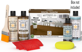 Retique It® Wood'n Finish Kit in Dark Pecan stain, featuring a box of stain bottles and applicator for tabletop furniture.