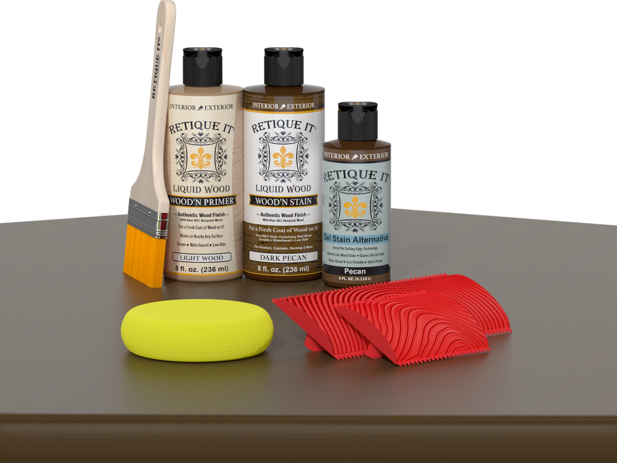 Retique It® Fireplace Mantel Wood'n Finish Kit in Dark Pecan stain, showing application on wood surface with dark brown finish.