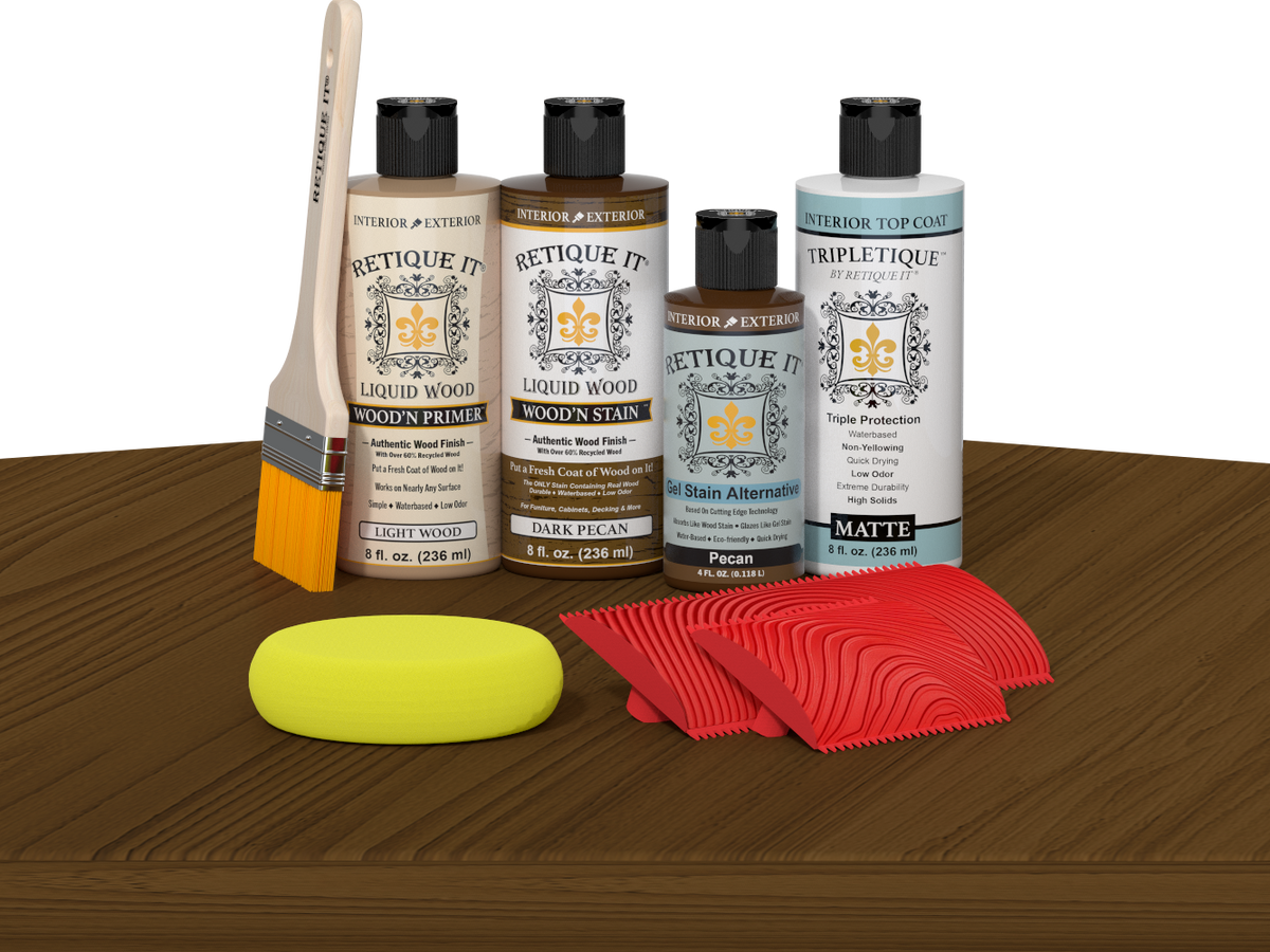 Retique It® Dark Pecan Wood'n Kit with Light Wood primer, Dark Pecan stain, Pecan gel stain alternative, Matte Tripletique® Top Coat, brush, red graining tool, and yellow sponge.