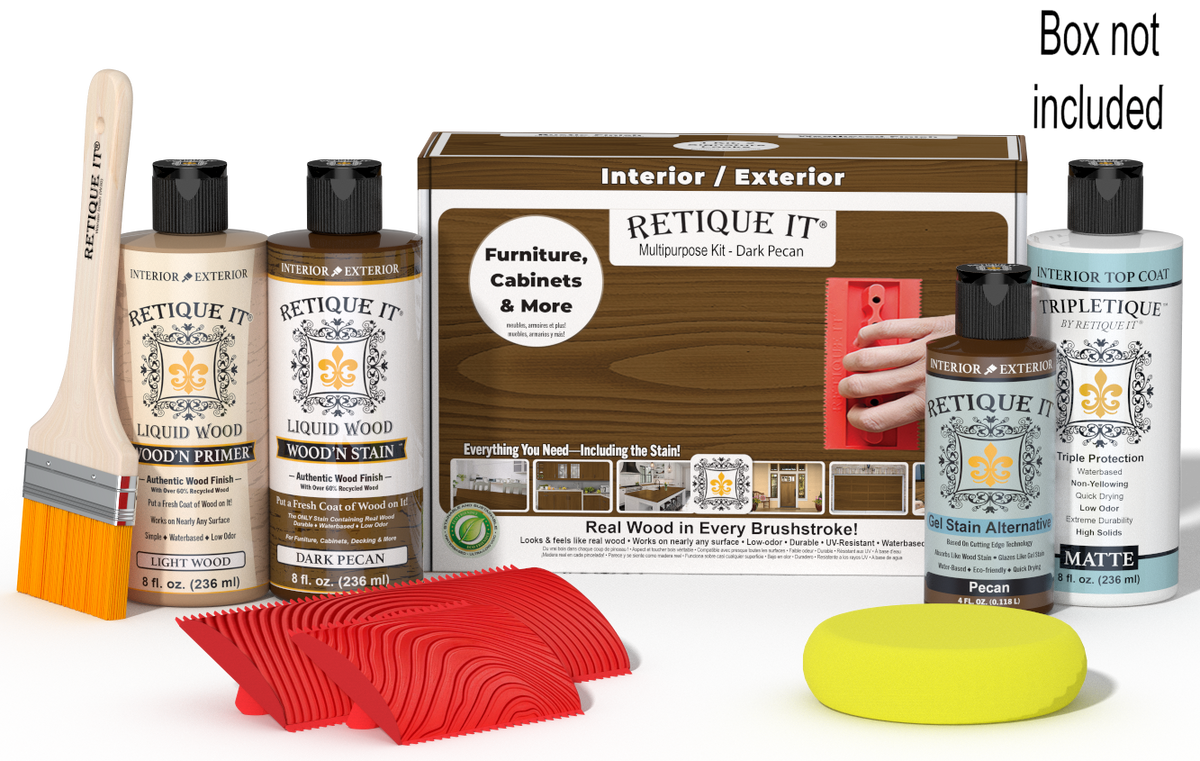 Retique It® Dark Pecan Multipurpose Kit with Light Wood primer, Dark Pecan stain, Pecan gel stain alternative, Matte Tripletique® Top Coat, brush, red graining tool, yellow sponge, and product box.