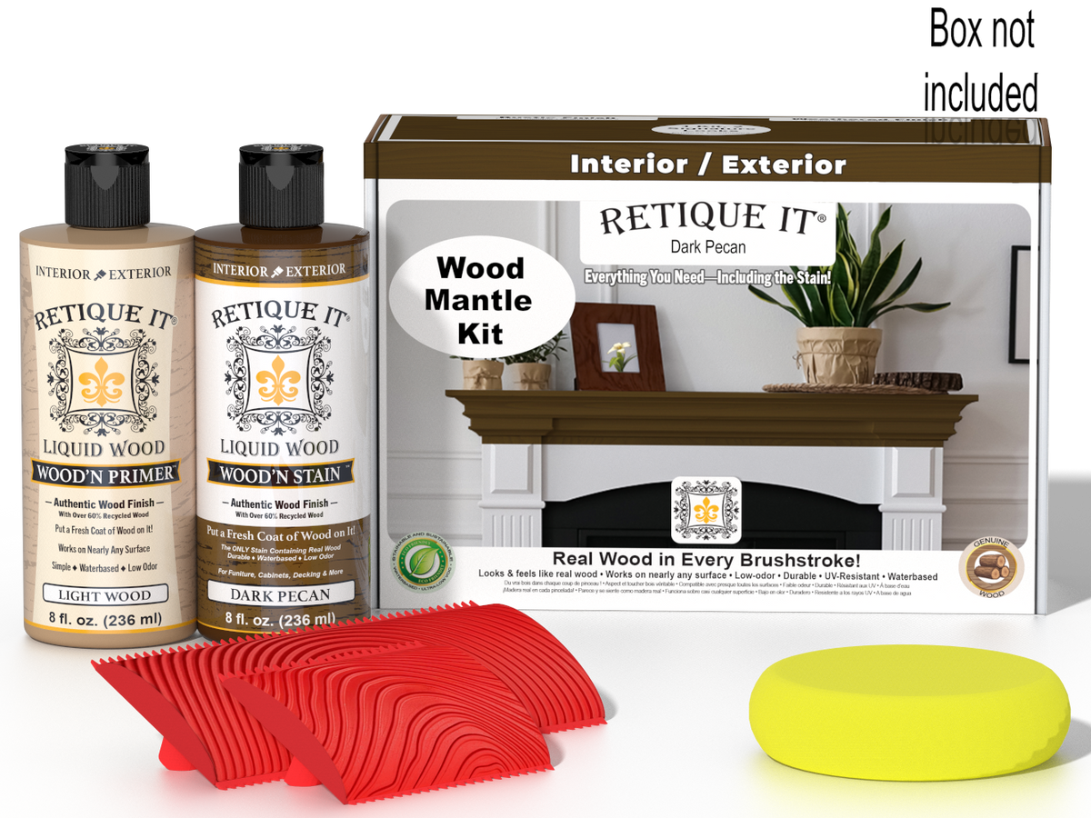 Retique It® Wood'n Finish Kit in Dark Pecan stain for fireplace mantels, showing a stain bottle and finished wood surface.