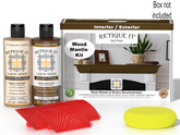 Retique It® Wood'n Finish Kit in Dark Pecan stain for fireplace mantels, showing a stain bottle and finished wood surface.