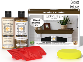 Retique It® Wood'n Finish Kit in Dark Pecan stain for fireplace mantels, showing a stain bottle and finished wood surface.