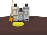 Retique It refinishing kit with Light Wood primer, Red Mahogany gel stain alternative, matte Polytique It topcoat, a brush and yellow sponge.