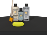 Retique It refinishing kit with Light Wood primer, Classic Black gel stain alternative, matte Polytique It topcoat, a brush and yellow sponge.