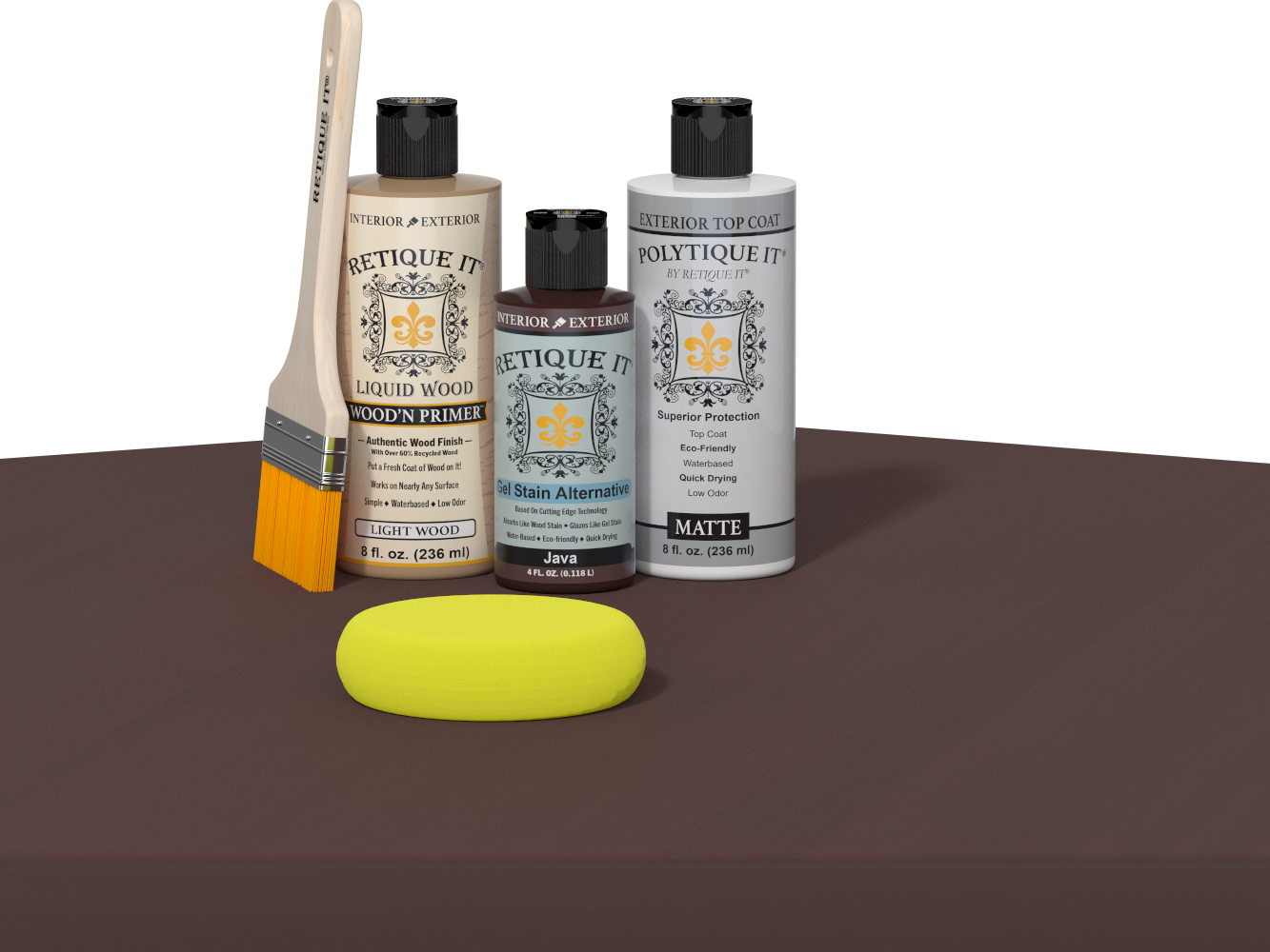 Retique It refinishing kit with Light Wood primer, Java gel stain alternative, matte Polytique It topcoat, a brush and yellow sponge.
