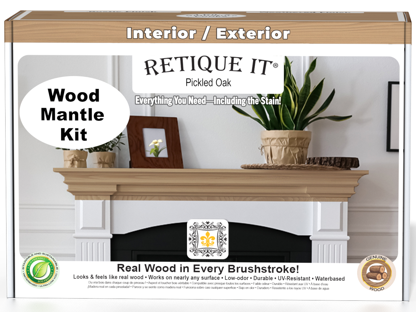 Retique It® Wood'n Finish Kit in Pickled Oak stain, featuring a fireplace mantel with a smooth, natural wood finish front view.