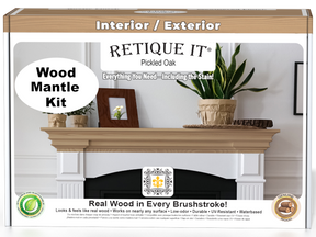 Retique It® Wood'n Finish Kit in Pickled Oak stain, featuring a fireplace mantel with a smooth, natural wood finish front view.