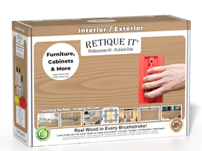Retique It® Wood'n Finish Kit in Pickled Oak with exterior top coat and tools for wood finishing projects.