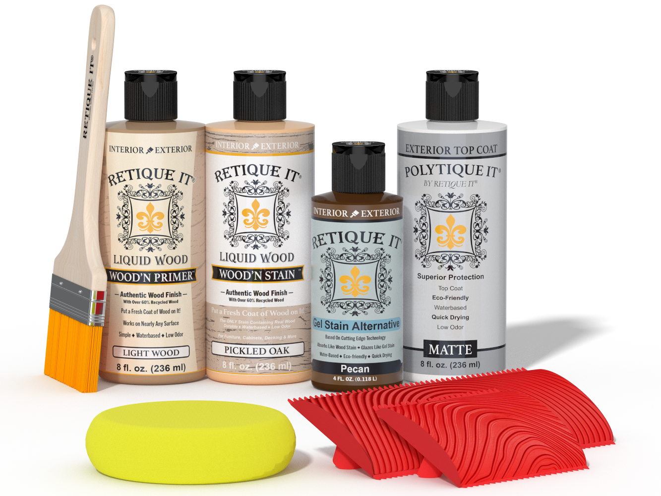 Retique It® Wood'n Finish Kit in Pickled Oak with exterior top coat, showcasing a wood finish application and tools.