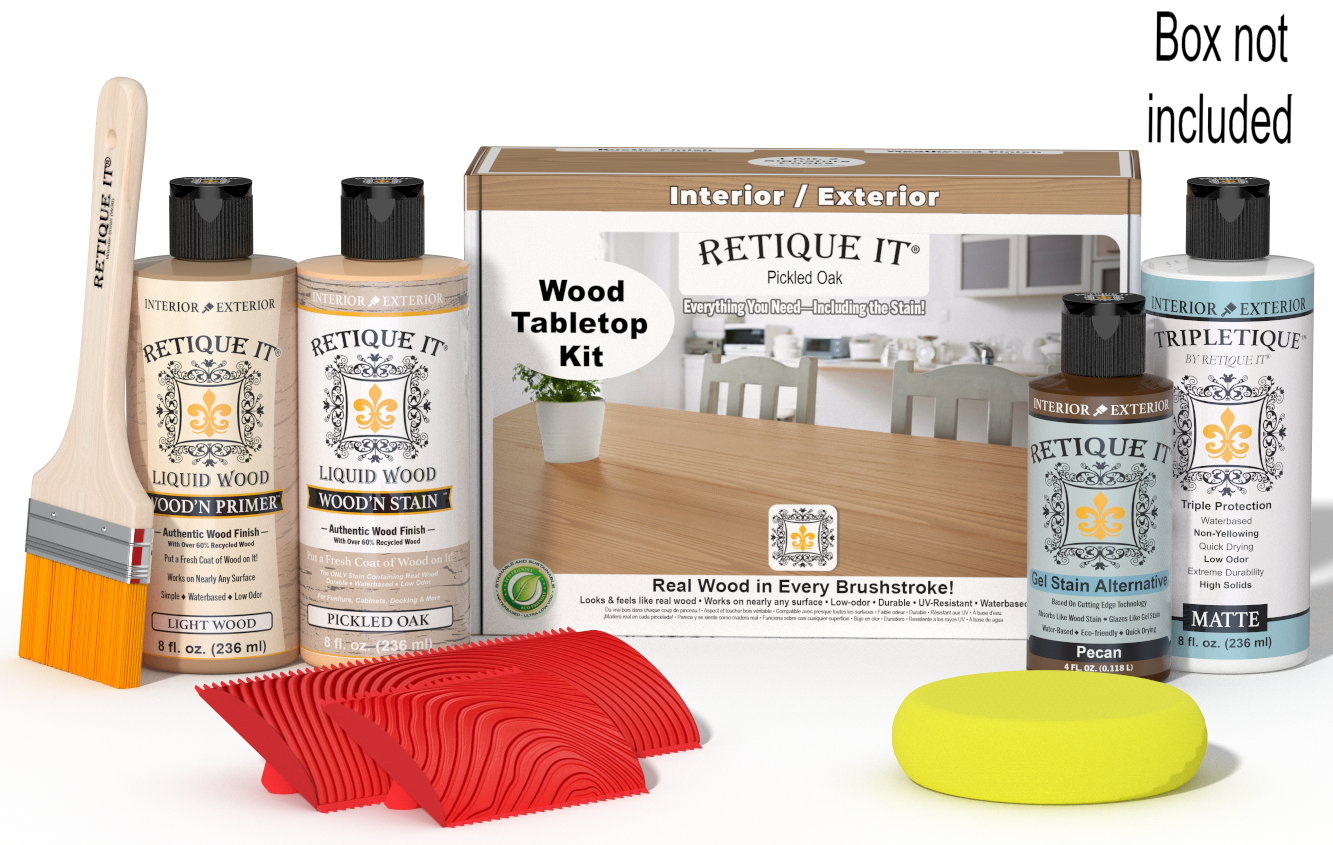Retique It® Wood'n Finish Kit in Pickled Oak for tabletops, includes stain and finishing supplies, shown with box and application tools.