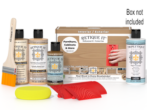 Retique It® Wood'n Finish Kit in Pickled Oak with interior top coat, includes application tools and instructions in a box.