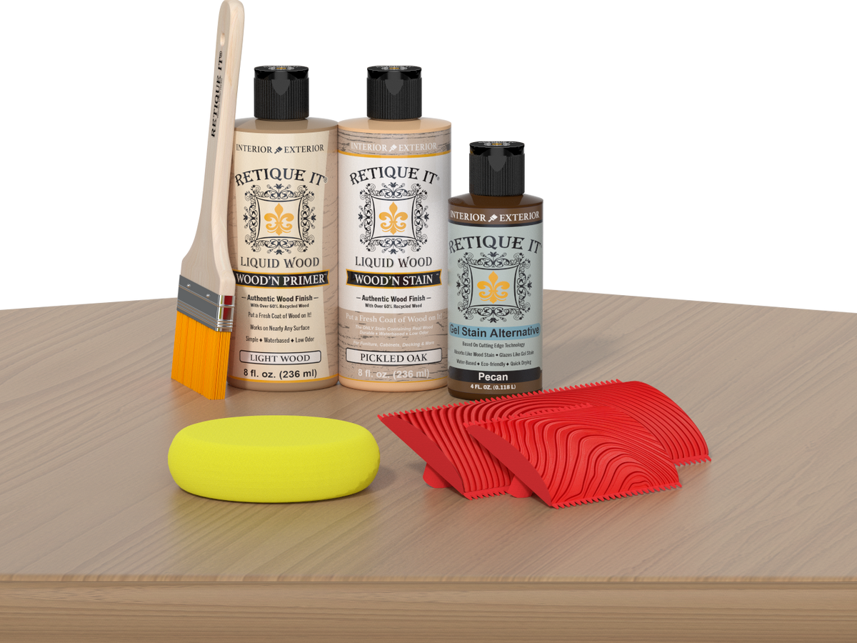 Retique It® Fireplace Mantel Wood'n Finish Kit in Pickled Oak stain, showing wood stain application on a mantel surface.