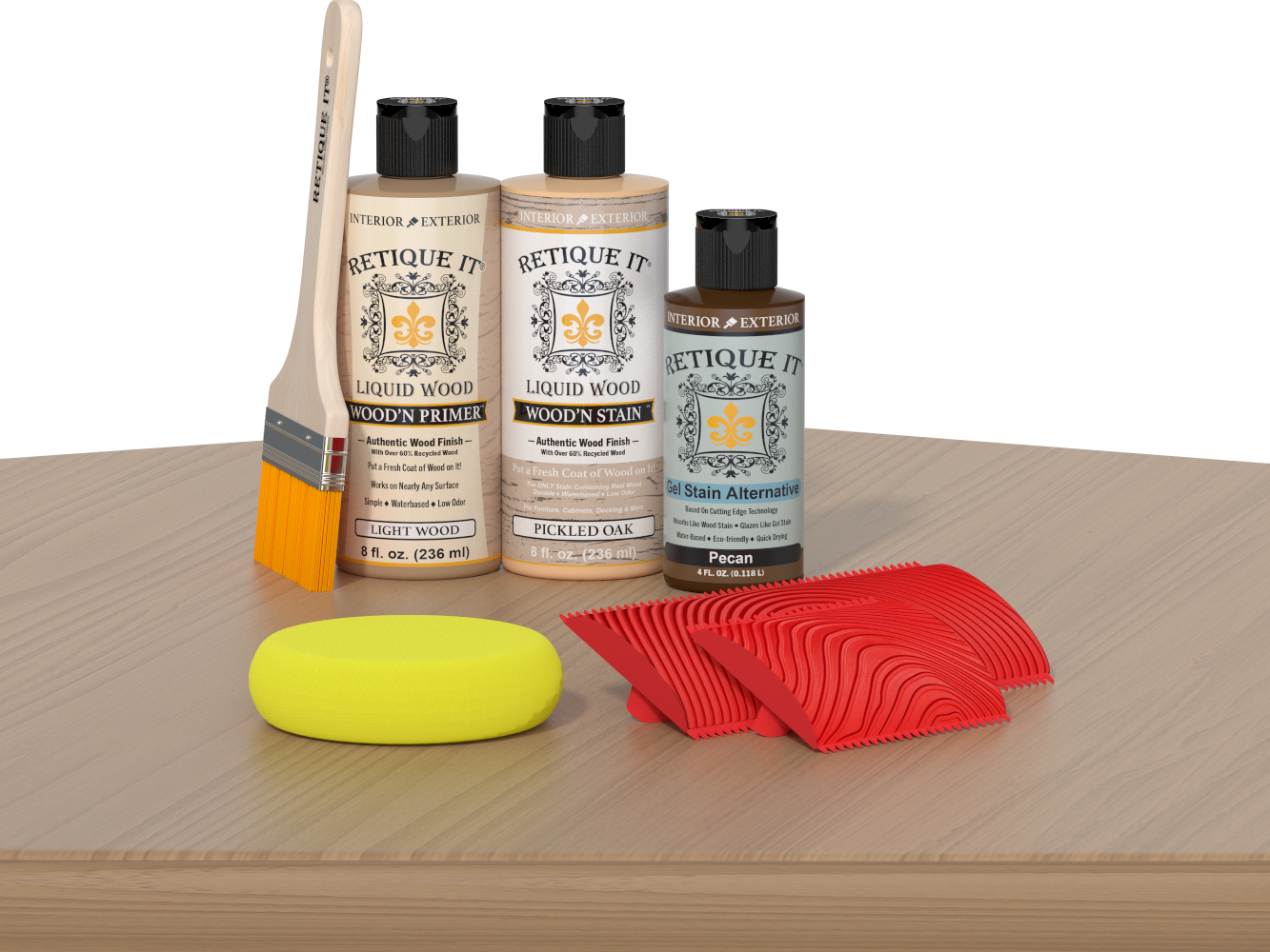 Retique It® Fireplace Mantel Wood'n Finish Kit in Pickled Oak stain, showing wood stain application on a mantel surface.