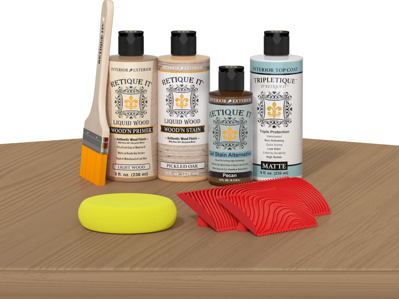 Retique It® Pickled Oak Wood'n Kit with Light Wood Primer, Pickled Oak Wood'n Stain, Matte TripleTique Top Coat, Pecan Gel Stain Alternative, yellow sponge, red graining tool, and brush.