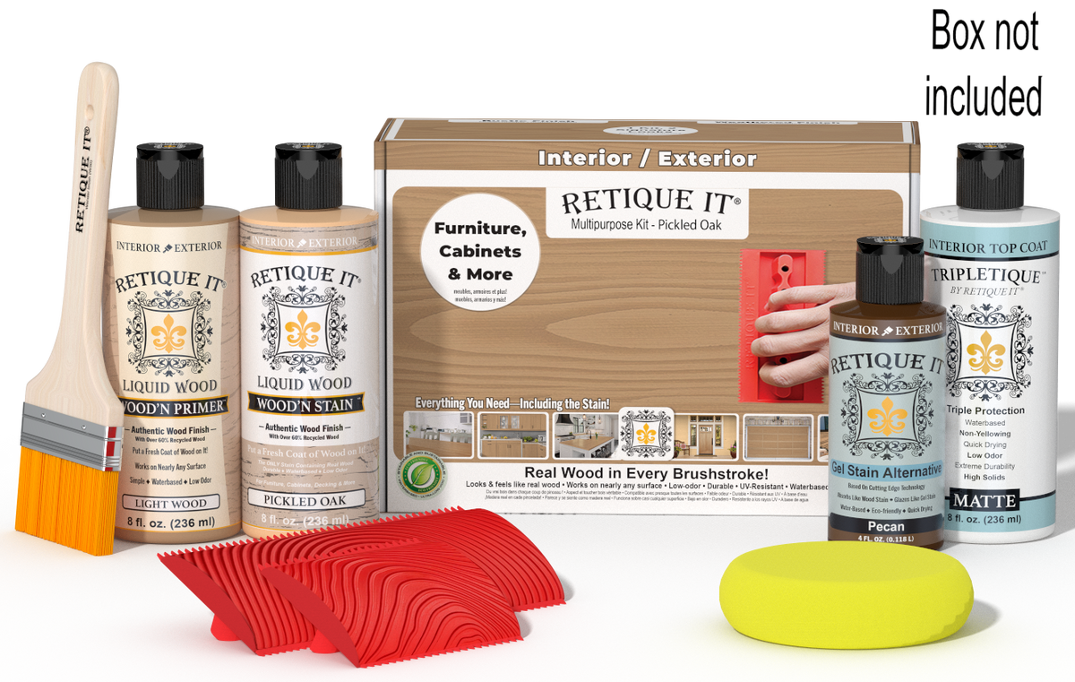 Retique It® Pickled Oak Multipurpose Kit with Light Wood primer, Pickled Oak stain, Pecan gel stain alternative, Matte Tripletique® Top Coat, brush, red graining tool, yellow sponge, and product box.