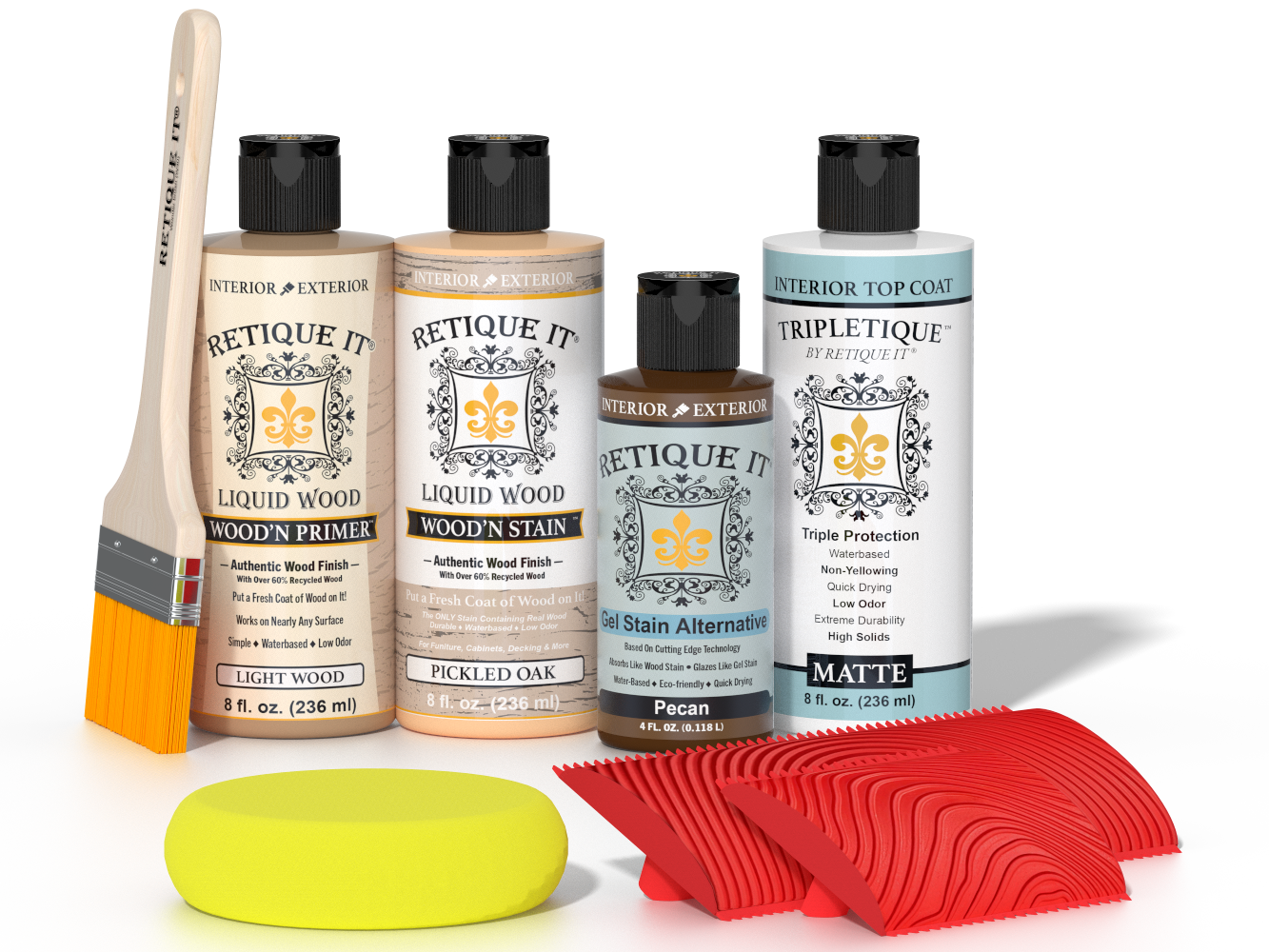 Retique It® Pickled Oak Wood'n Kit with Light Wood Primer, Pickled Oak Wood'n Stain, Matte TripleTique Top Coat, Pecan Gel Stain Alternative, yellow sponge, red graining tool, and brush.