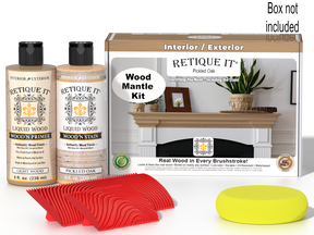 Retique It® Fireplace Mantel Wood'n Finish Kit in Pickled Oak with stain applicator and wood finish tools.