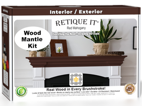 Retique It® Fireplace Mantel Wood'n Finish Kit in Red Mahogany stain, shown in a box with stain bottles and application tools