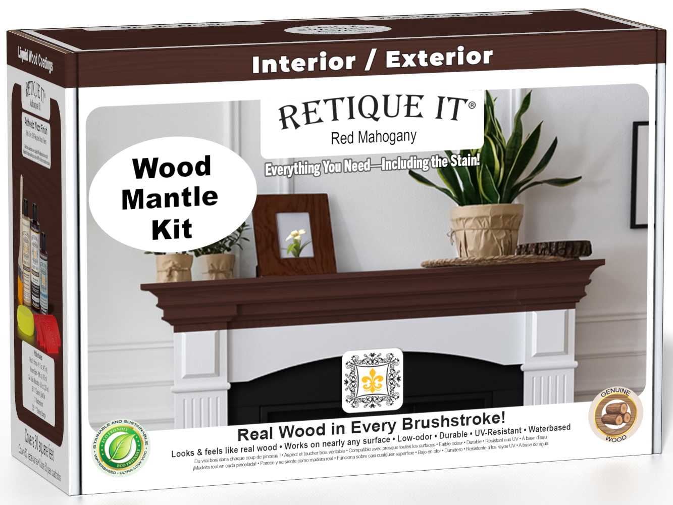 Retique It® Wood'n Finish Kit in Red Mahogany stain for fireplace mantels, showing wood grain and color application.