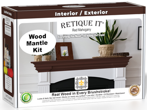 Retique It® Wood'n Finish Kit in Red Mahogany stain for fireplace mantels, showing wood grain and color application.