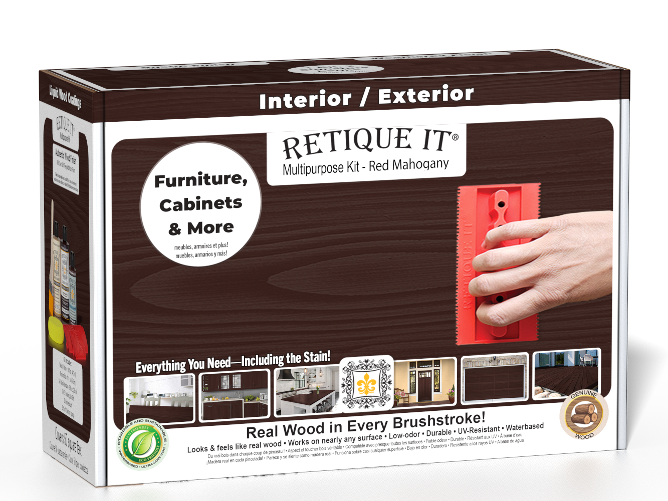 Retique It® Wood'n Finish Kit in Red Mahogany with interior top coat, featuring wood finish tools and supplies in a box.