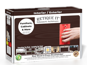 Retique It® Wood'n Finish Kit in Red Mahogany with interior top coat, featuring wood finish tools and supplies in a box.