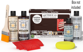 Retique It® Wood'n Finish Kit in Red Mahogany for exterior top coating, shown with application tools and product packaging.