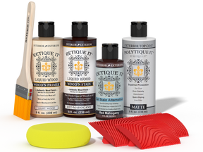 Retique It® Wood'n Finish Kit in Red Mahogany with exterior top coat, featuring wood finish and application tools in the kit.