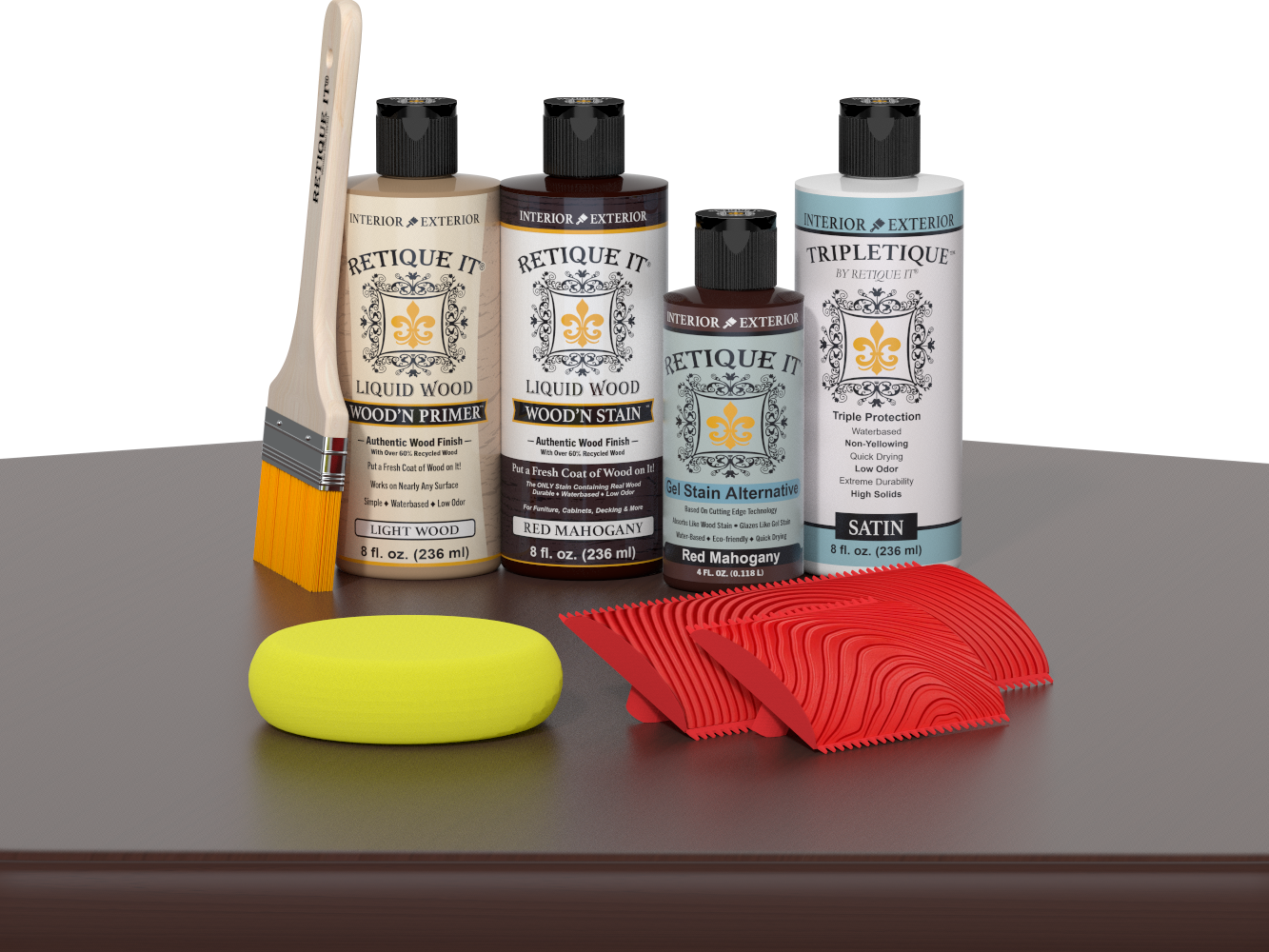 Retique It® Wood'n Kit in Red Mahogany, interior top coat applied on a table showcasing natural wood finish and rich color.