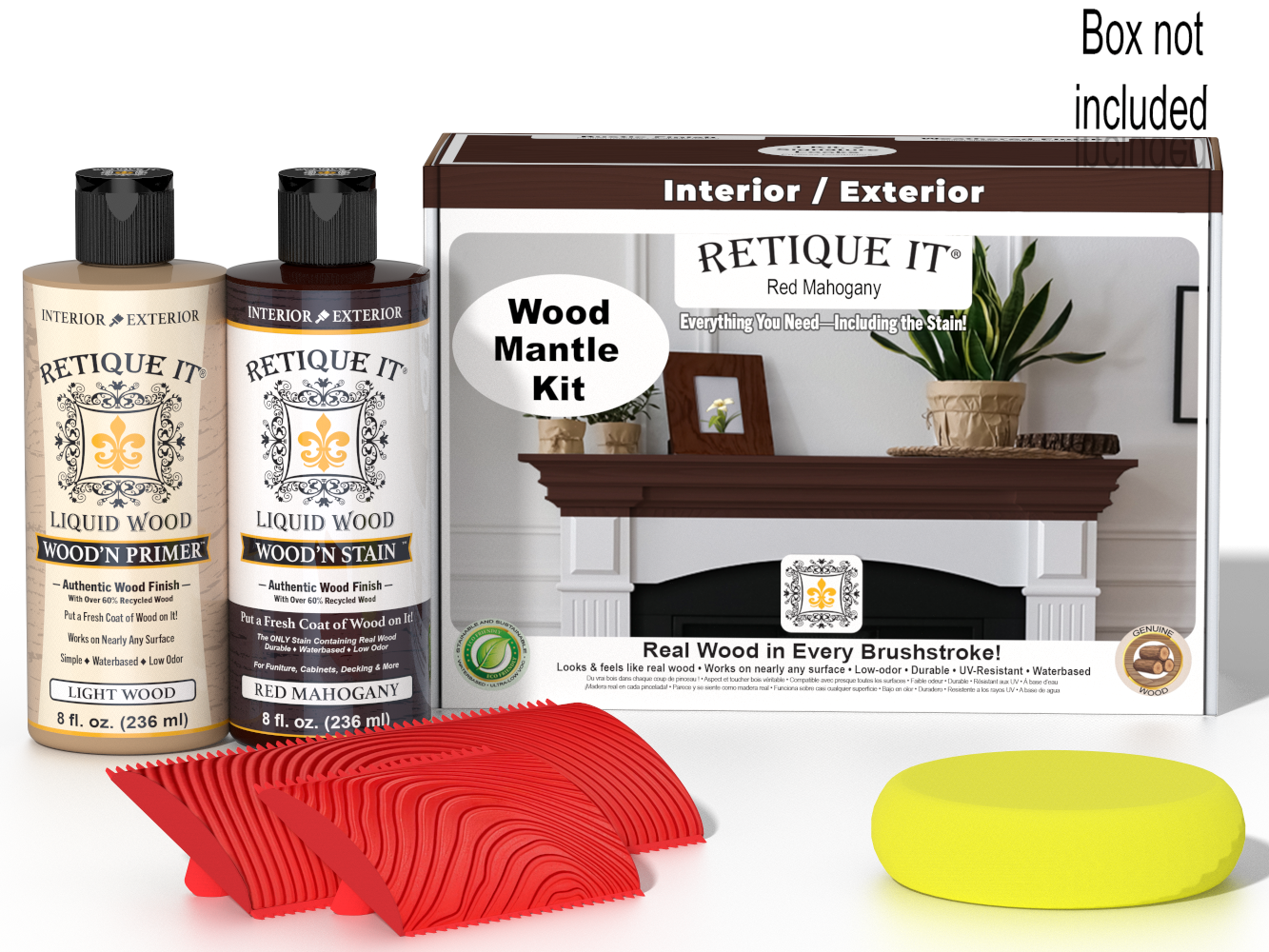 Retique It® Fireplace Mantel Wood'n Finish Kit in Red Mahogany stain showing wood grain and application tools.