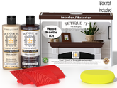 Retique It® Fireplace Mantel Wood'n Finish Kit in Red Mahogany stain showing wood grain and application tools.