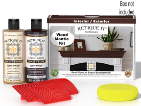 Retique It® Fireplace Mantel Wood'n Finish Kit in Red Mahogany stain showing wood grain and application tools.