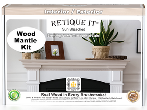 Sun-bleached Wood'n Finish Kit by Retique It® for fireplace mantels, featuring wood grain and natural finish on a 3D front view.