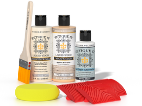Retique It® Wood'n Finish Kit in Sun Bleached for fireplace mantel, showing wood finish applicator and sample wood surface.