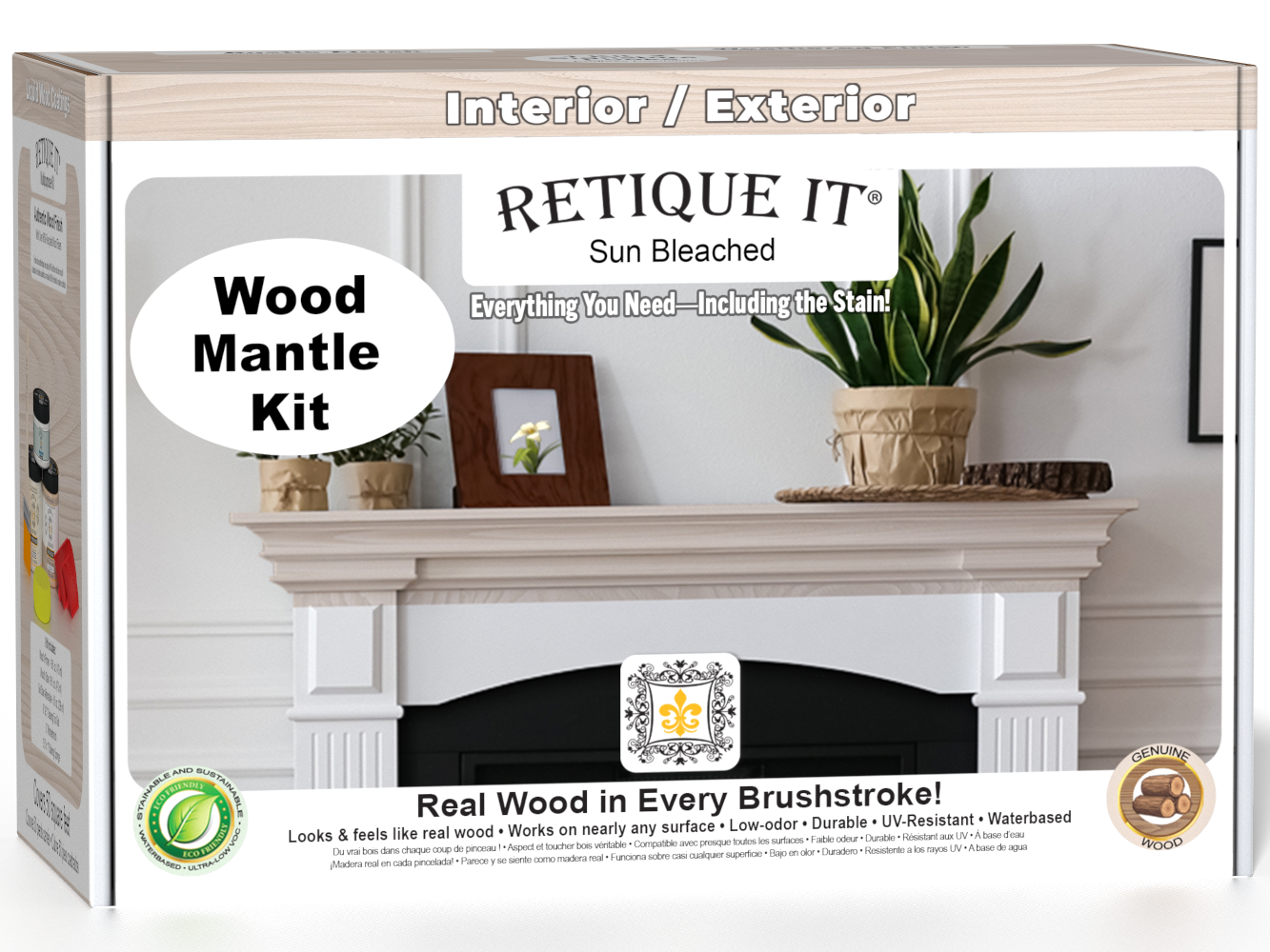 Retique It® Wood'n Finish Kit in Sun Bleached for fireplace mantels, showing the wood finish and kit components in a box.