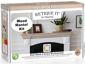 Retique It® Wood'n Finish Kit in Sun Bleached for fireplace mantels, includes wood finish and application tools in a box.